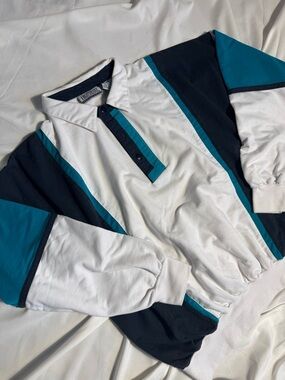 Vintage Colorblock 80s 90s Long Sleeve Polo - White, Teal & Navy Athleisure